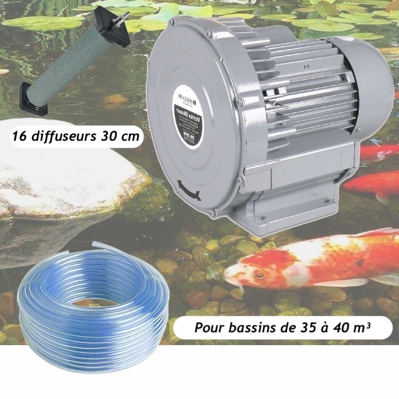 Kit Pompe À Air Vortex Turbine 38400 l/h + 16 Diffuseurs De 30 cm Pour Bassins De Jardin