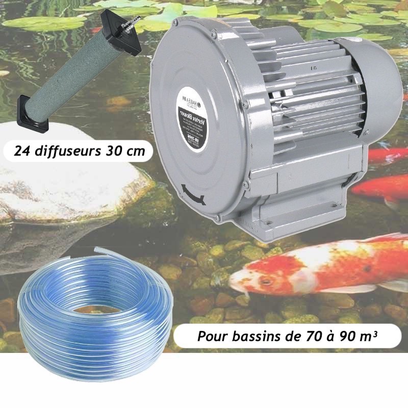 Kit Pompe À Air Vortex Turbine 79200 l/h + 24 Diffuseurs 30 cm Pour Bassins De Jardin