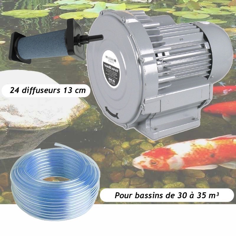 Kit Pompe À Air Vortex Turbine 30000 l/h + 24 diffuseurs 13 cm Pour Bassins De Jardin