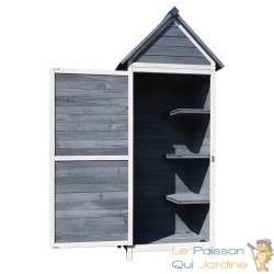 Armoire de jardin en bois gris avec porte et toit en pente, parfaite pour votre balcon - Dimensions 77x53x179cm.