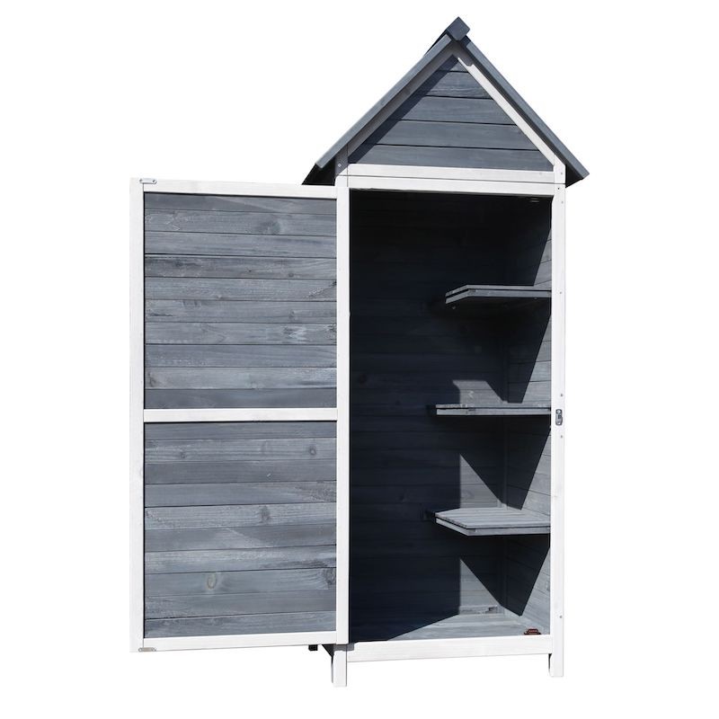 Armoire de jardin en bois gris avec porte et toit en pente, parfaite pour votre balcon - Dimensions 77x53x179cm.