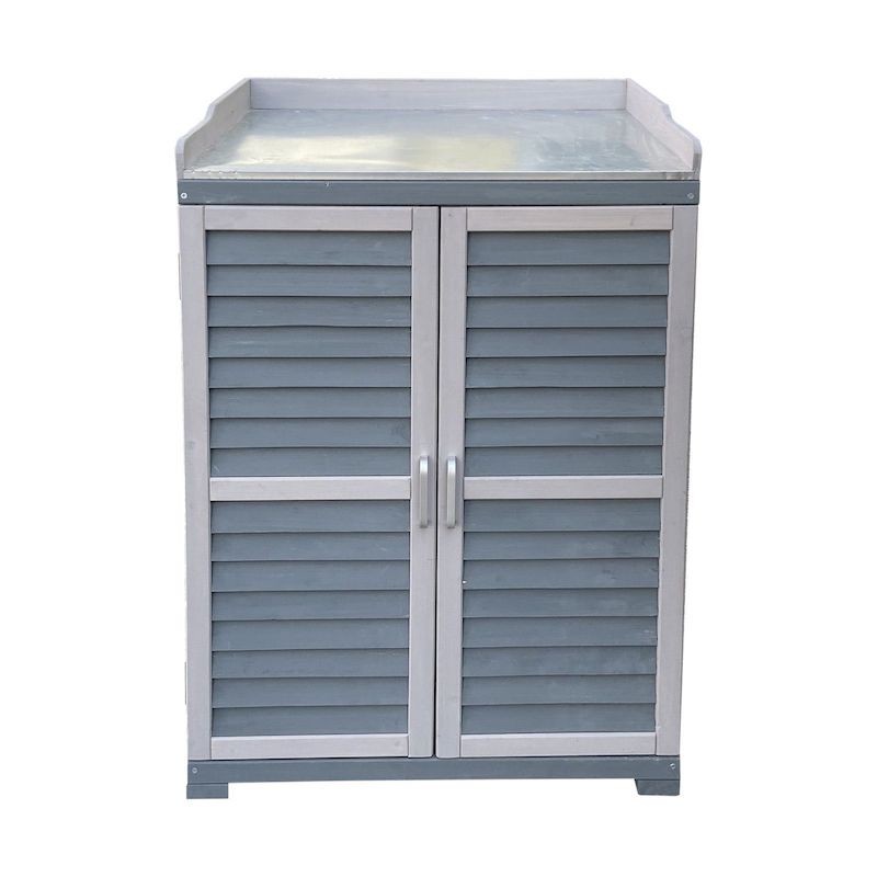 Meuble de jardin polyvalent avec rangement, table et support pour plantes - Couleur gris