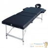 Table de massage pliable en aluminium noir avec réglage de hauteur et accoudoirs.