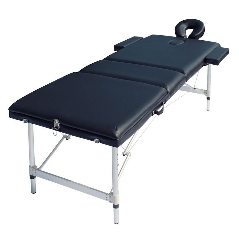 Table de massage pliable en aluminium noir avec réglage de hauteur et accoudoirs.
