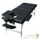 Table de massage pliable en aluminium noir avec réglage de hauteur et accoudoirs.