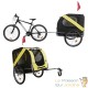 Remorque jaune pour chien à attacher à un vélo avec moustiquaire et protection imperméable.