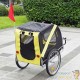 Remorque jaune pour chien à attacher à un vélo avec moustiquaire et protection imperméable.