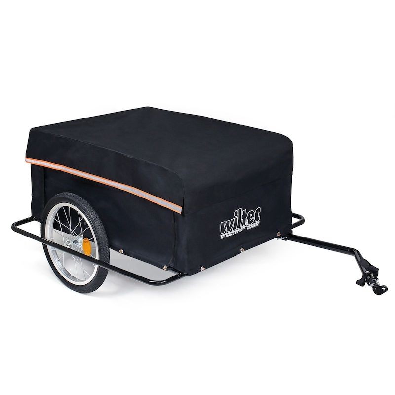 Remorque de vélo 65kg avec cadre protecteur et barre de traction rabattable.