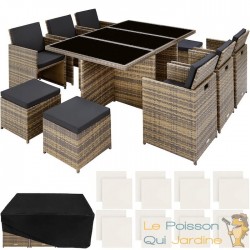 Salon de jardin marron naturel 10 places avec 2 sets de housses + housse de protection