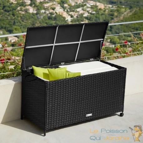 Coffre de rangement noir 297L avec cadre en aluminium et roues