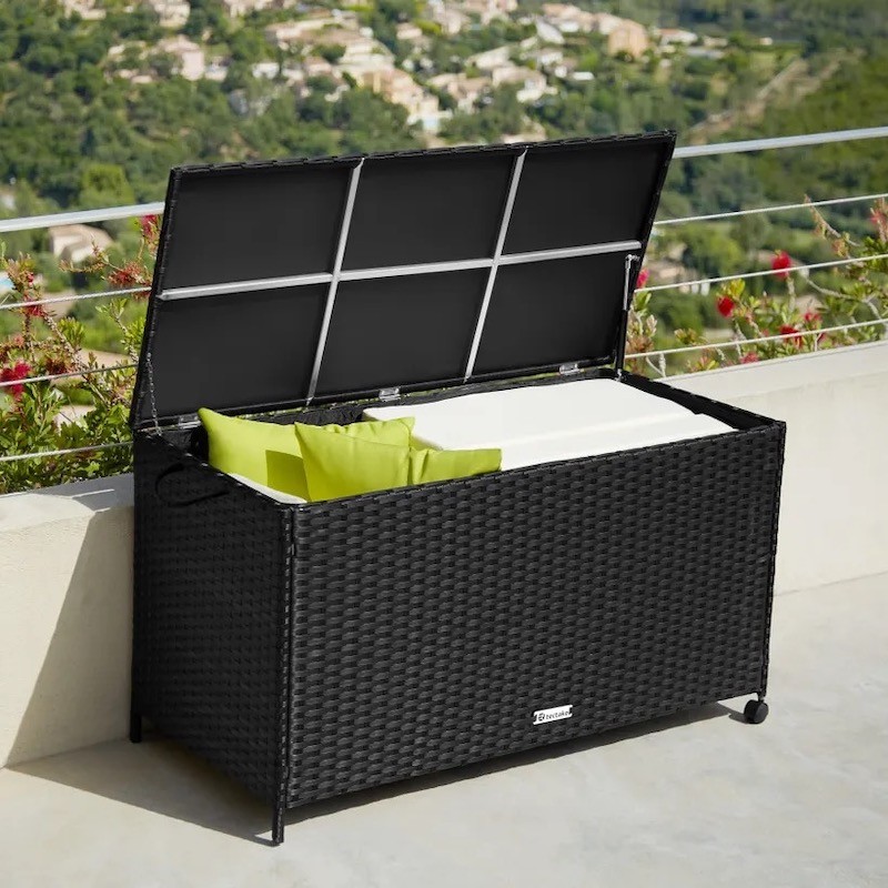 Coffre de rangement noir 297L avec cadre en aluminium et roues dimensions 117x54x64cm