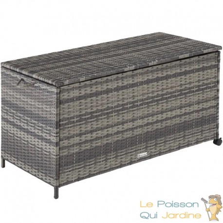 Coffre de rangement gris 297L avec cadre en aluminium et roues dimensions 117x54x64cm