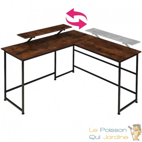 Bureau d'angle + tablette style industriel et loft en bois foncé 140x130x76,5cm