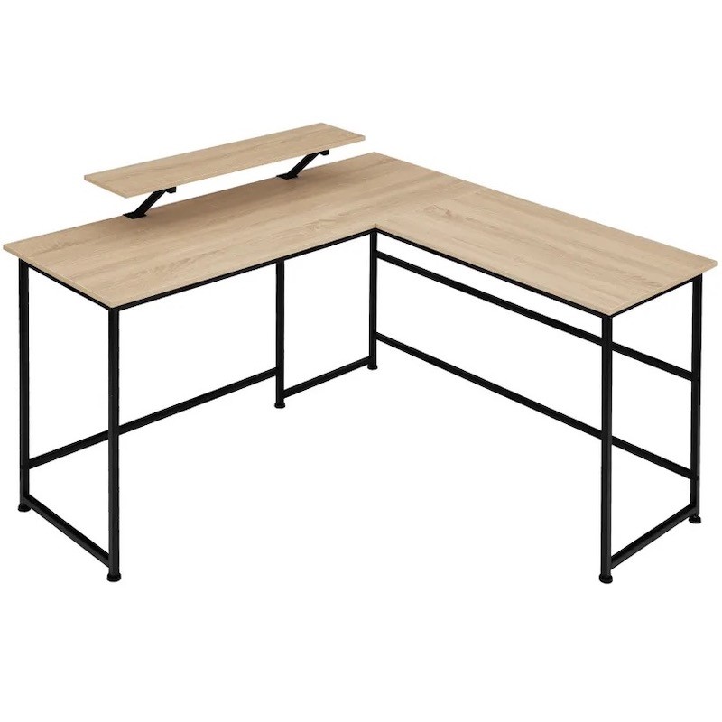 Bureau d'angle + tablette style industriel et loft en bois clair 140x130x76,5cm