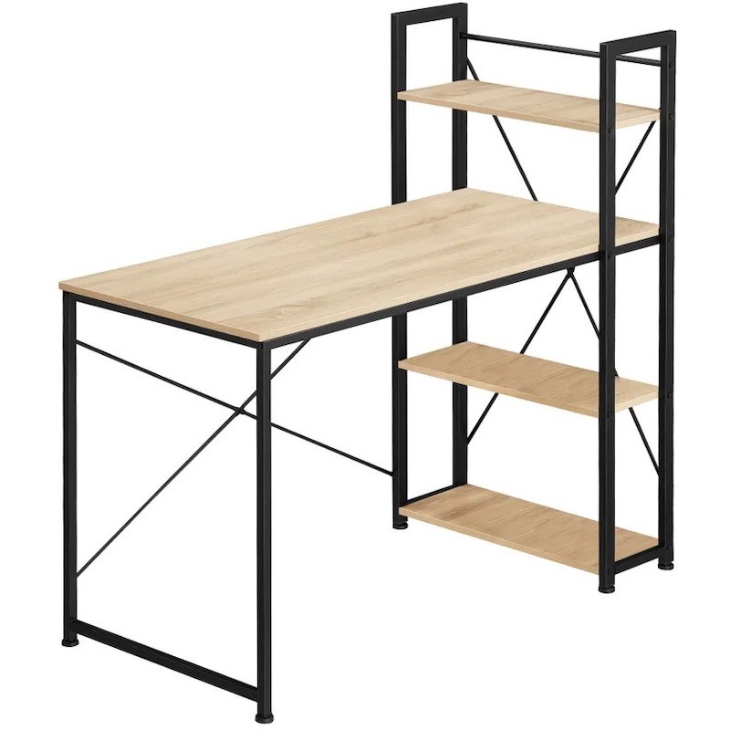 Table de bureau 3 étagères style industriel et loft en bois clair 122 cm