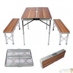 Ensemble de table pliante et bancs en aluminium pour le camping - Dimensions : 90x66x70 cm avec finition en bois