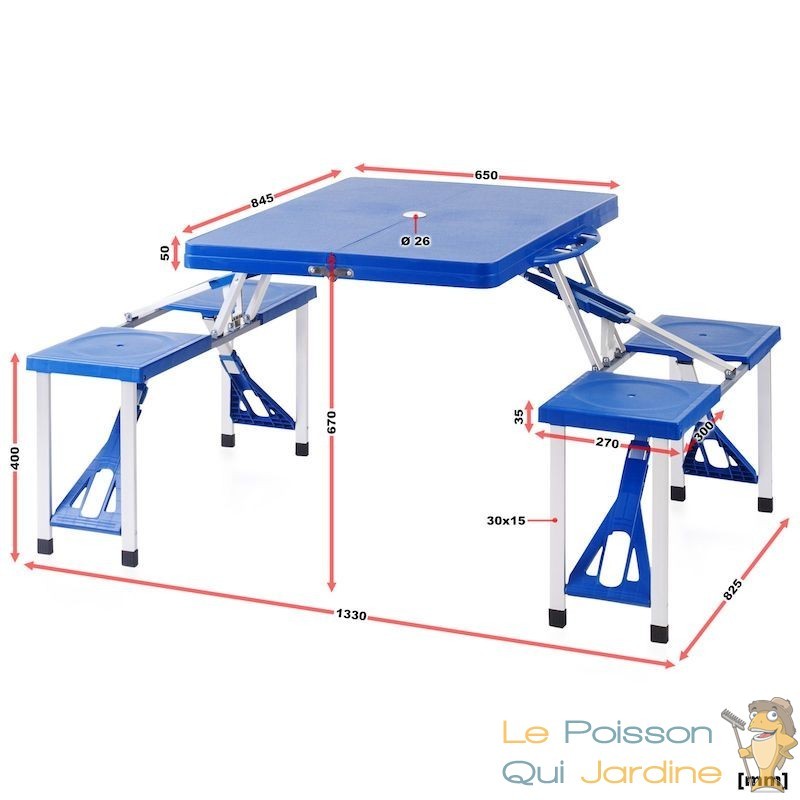 Table pliante valise aluminium 2 bancs table de camping finition