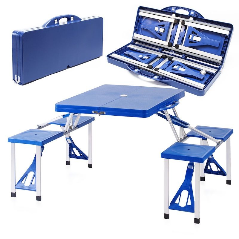 Ensemble de table pliante et bancs en aluminium pour le camping - Dimensions : 90x66x70 cm avec finition en bois
