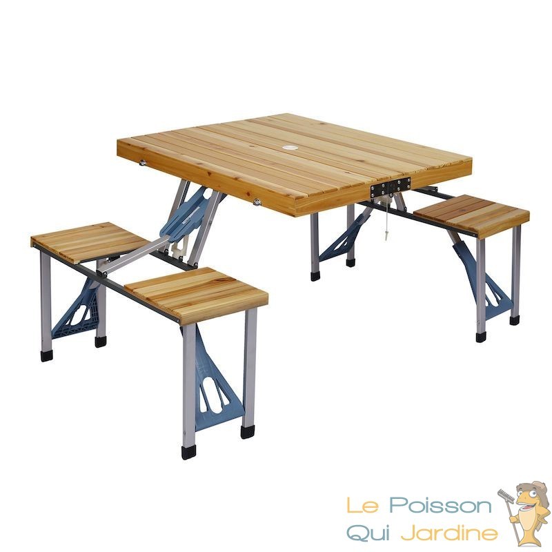 Table de camping, table en bois, alu, inox