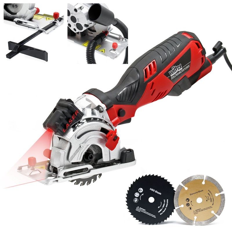 Scie circulaire plongeante miniature de 750W avec une profondeur de coupe de 28,5mm et un laser intégré.