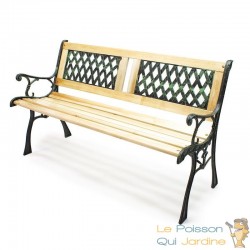 Banc de jardin en bois et fonte de fer avec dossier à motif double grille