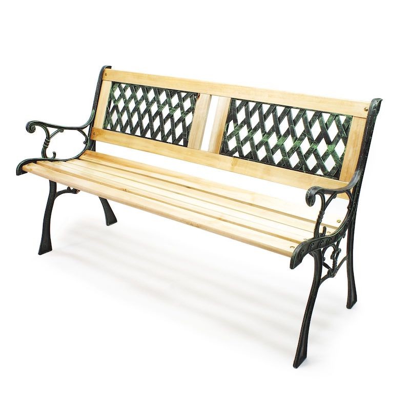Banc de jardin en bois et fonte de fer avec dossier à motif double grille