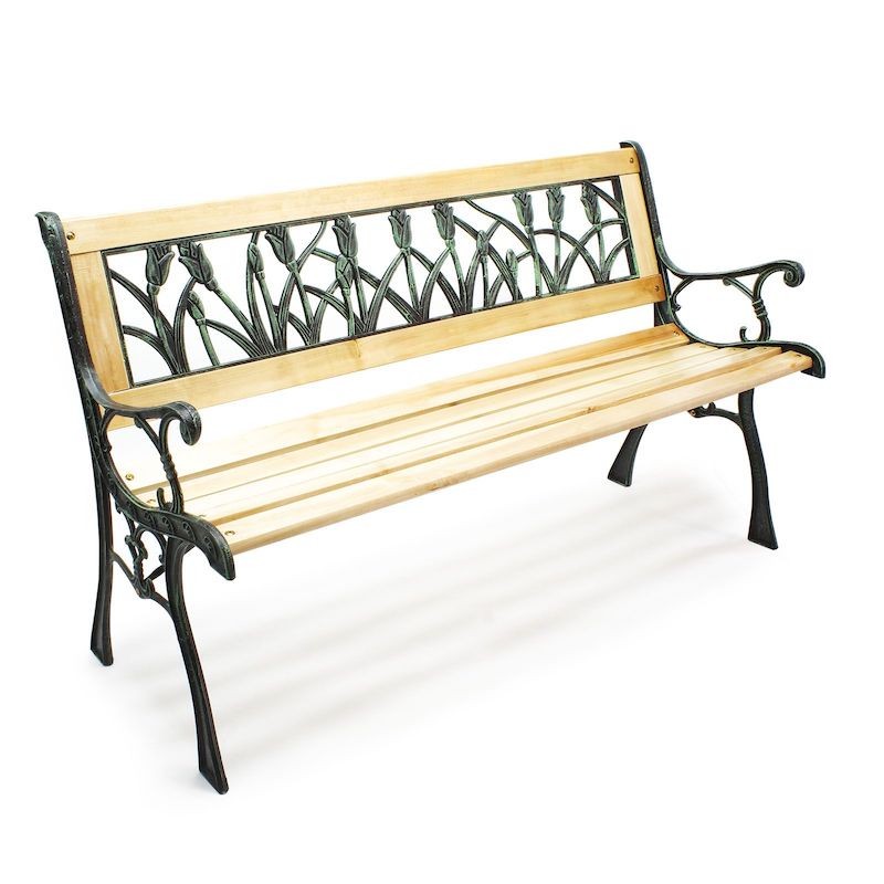Banc de jardin en bois et fonte de fer avec dossier à motif tulipe double grille