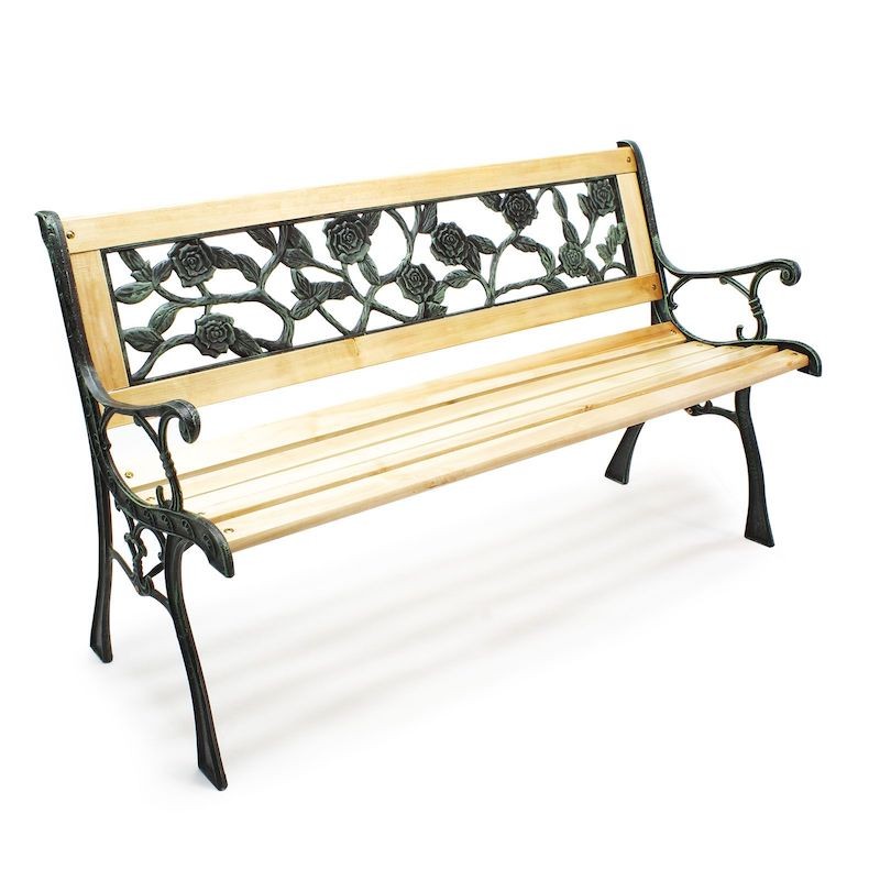 Banc de jardin en bois et fonte de fer avec dossier à motif rose double grille