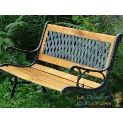 Banc de jardin en bois et fonte de fer avec dossier à motif grille