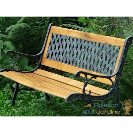 Banc de jardin en bois et fonte de fer avec dossier à motif grille