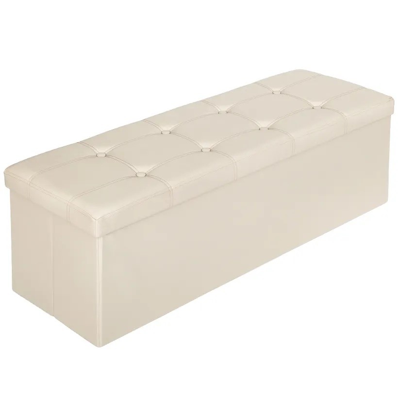 Banc coffre de rangement pliable : élégance et fonctionnalité aspect cuir beige, dimensions 110x38x38cm.
