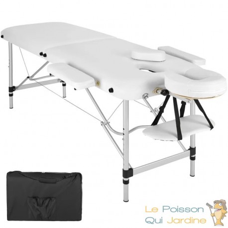 Table de massage pliable en aluminium blanc avec réglage de hauteur et accoudoirs.