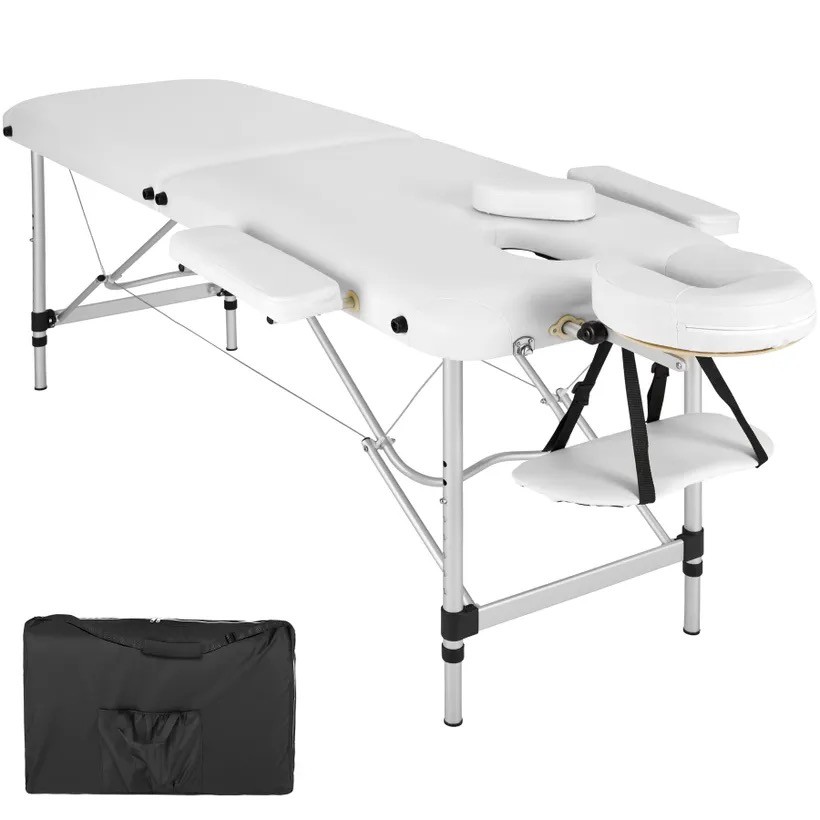 Table de massage pliable en aluminium blanc avec réglage de hauteur et accoudoirs.