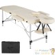 Table de massage pliable en aluminium beige avec réglage de hauteur et accoudoirs.