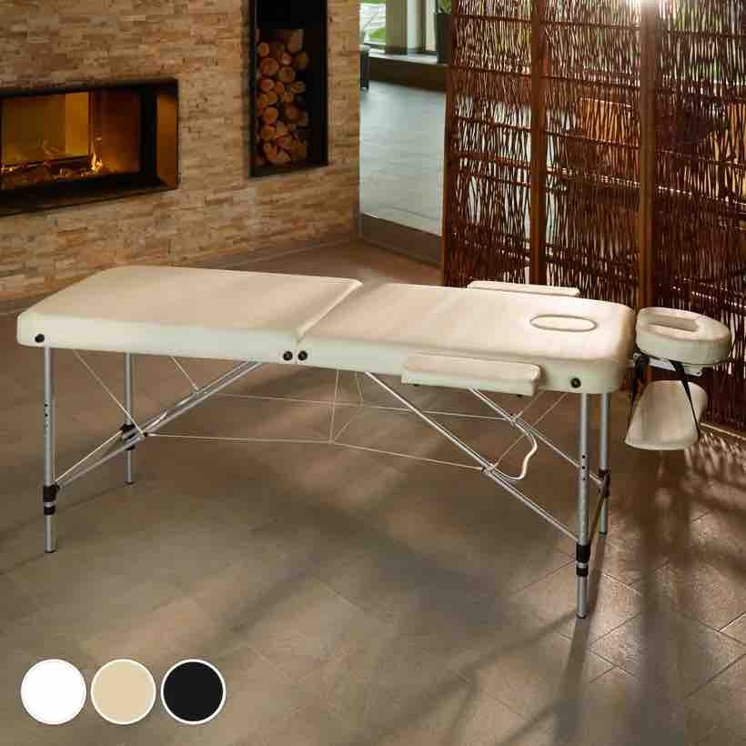 Table de massage pliable en aluminium beige avec réglage de hauteur et accoudoirs.