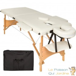Table de massage pliable en bois beige avec réglage de hauteur et accoudoirs.