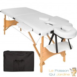 Table de massage blanche pliable en bois avec réglage de hauteur et accoudoirs.