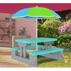 Table, bancs et parasol pour enfants Bleu et vert