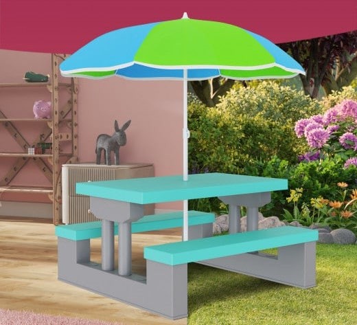 Table, bancs et parasol pour enfants Bleu et vert