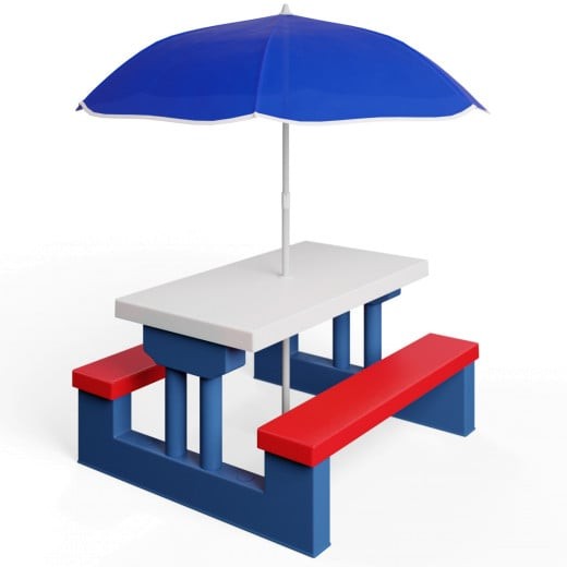 Table, bancs et parasol pour enfants Bleu, blanc et rouge