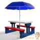 Table, bancs et parasol pour enfants Bleu, blanc et rouge