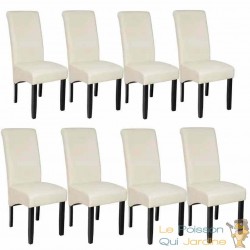 Lot de 8 Chaises de Salle à Manger crème aspect simili cuir avec pieds en bois résistants