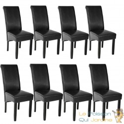 Lot de 8 Chaises de Salle à Manger noir aspect simili cuir avec pieds en bois résistants