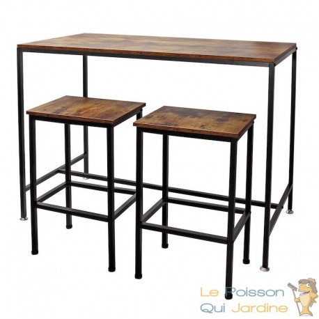 Table de bar + 2 tabouret : 120 X60 X90 : Style bois vintage