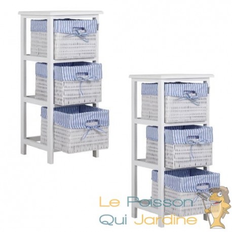 Lot de 2 Étagères salle de bain avec 3 paniers imitation osier blanc style rustique ancien art déco