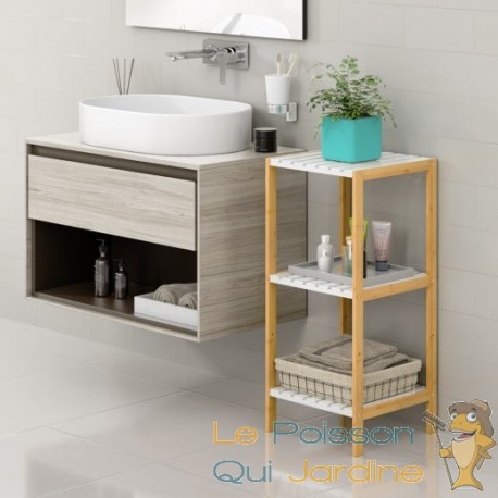 Étagère salle de bain avec 3 niveaux tablettes blanches Bambou 80 cm de haut