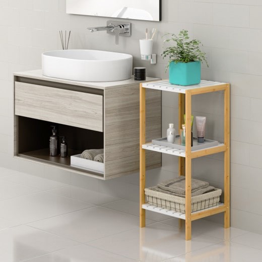 Étagère salle de bain avec 3 niveaux tablettes blanches Bambou 80 cm de haut