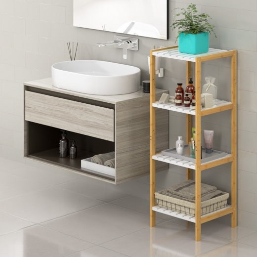 Étagère salle de bain avec 4 niveaux tablettes blanches Bambou 110 cm de haut