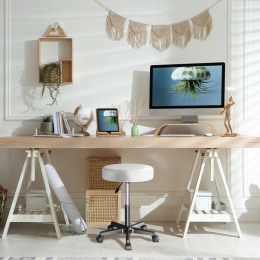 Tabouret de bureau à roulettes assise 35 cm blanc avec dossier pivot à 360°