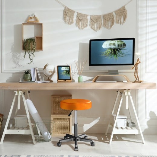 Tabouret de bureau à roulettes assise 35 cm orange avec dossier pivot à 360°